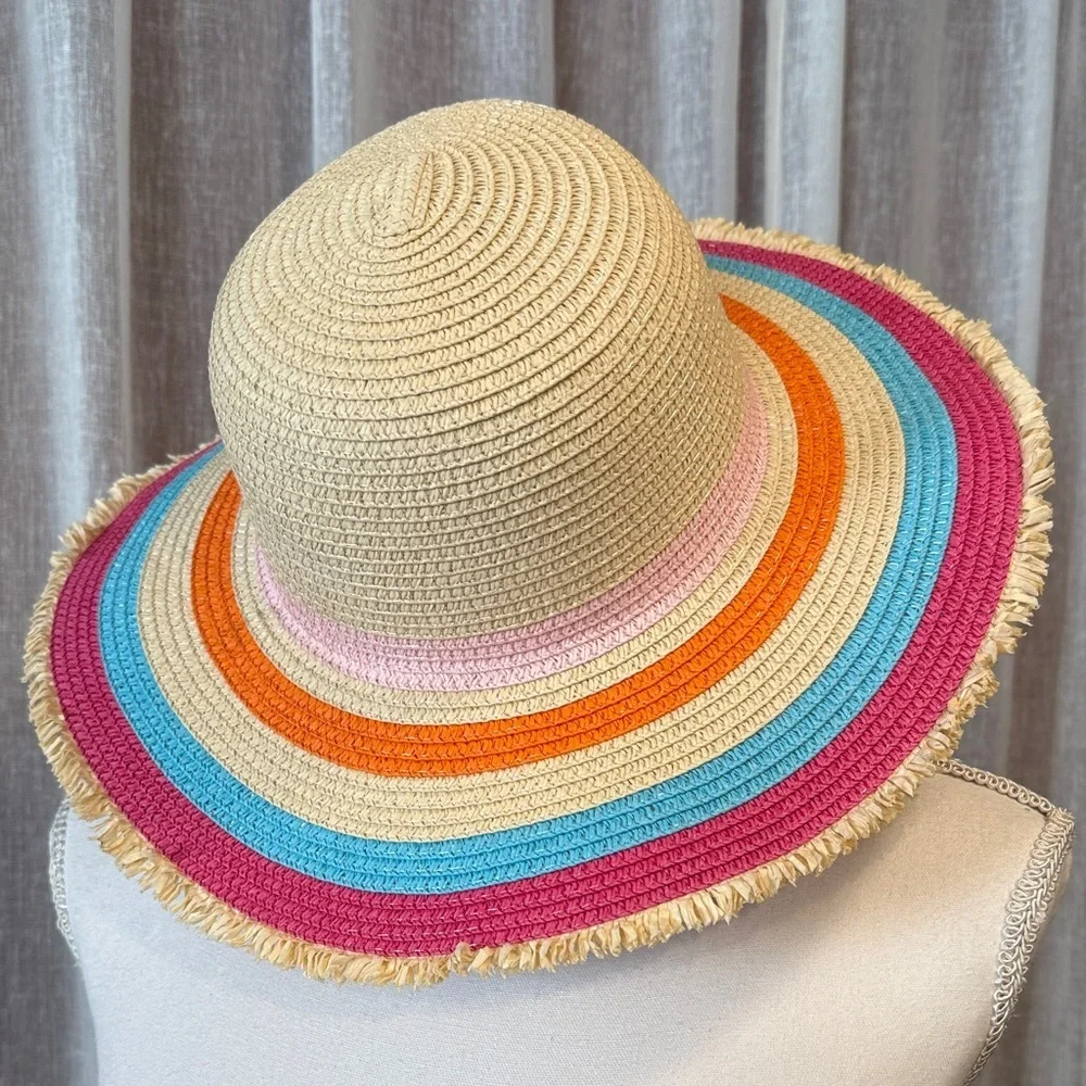 Addie & Tate Rainbow Straw Sun Hat w/Fringe Trim